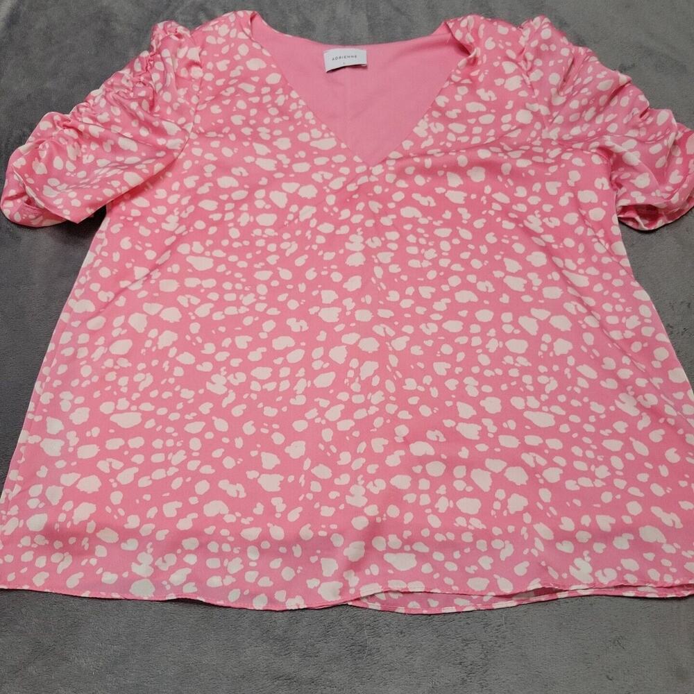 Adrienne Shirt Women Large Pink Spotted Print V Neck Rouched Short Sleeve Blouse